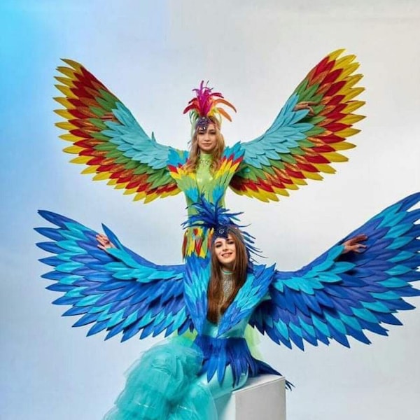 Blue and Light Blue Parrot Costume Wings | Colorful Movable Angel Wings for Dance | Carnival Costume Wings for Adult |Movable Cosplay Wings