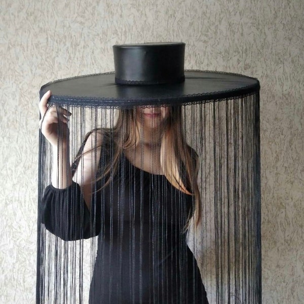 Big black with fringe hat | Wide brim hat fringe for photoshoot woman | Black hat with floor length fringe | Costume hats and headpieces