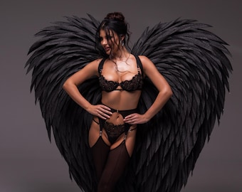 Black Angel Wings Large Feather Costume Wings Gothic Dark Angel Cosplay Wings Fantasy Photoshoot Prop Statement Wings 180 cm