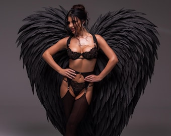 Alas de ángel negras gigantes de 180 cm, alas góticas dramáticas, disfraz de fantasía oscura, accesorio para fotografía editorial, alas llamativas hechas a mano.