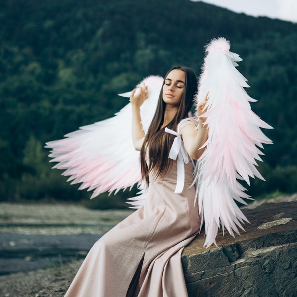 White and pink angel wings costume for image Victoria secret photo shoot woman|Fluffy white adult angel wings with natural pink feathers