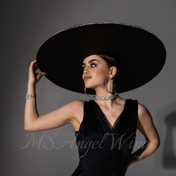 Black wide brim womens hat | Large black hat women for photo shoot | Black hat with floor length fringe |  | Big black hats with strings