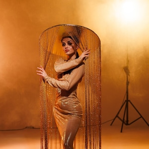 Large gold hat with a long fringe for a women&#39;s Christmas photo shoot fringe hat large costume accessories Maternity hat photoshoot