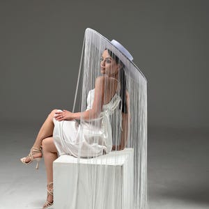 Big White Hat with Tassels, Wide Brim Feather Hat, Floor Length Fringed Hat, Elegant Statement Hat for Wedding & Photoshoot, Hat with Fringe