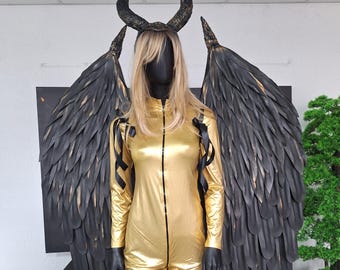 Black Angel Wings Costume, Gothic Demon Wings, Dark Fantasy Cosplay, Maleficent Inspired Outfit, Wings and Horns Set
