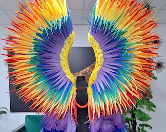 Rainbow Phoenix Wings with Tail Costume, Giant Festival Angel Wings, Carnival Showgirl Outfit, Peacock Wings Girls Dance