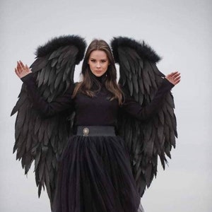 Disfraz de alas de ángel negras para adulto, alas de maléfica hechas a mano, alas de disfraz de Halloween, alas góticas negras para cosplay
