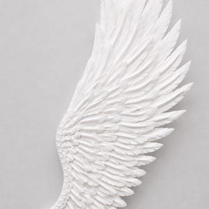 May include: A white, sculpted angel wing with detailed feather textures. The wing is displayed against a light gray background, showcasing the intricate design and form. This decorative piece is ideal for wall decor.