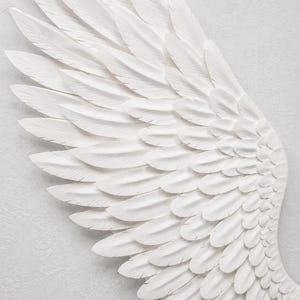 May include: A detailed, white, sculpted angel wing against a textured, light gray background. The wing is composed of layered, individual feathers, creating a sense of depth and texture. The feathers are intricately carved.