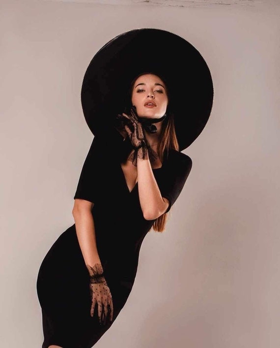 Black Wide Brim Hat for A Costume Party Photo Shoot | Costume Hats & Headpieces for Woman Christmas Party