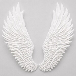 May include: A pair of white, textured angel wings, displayed against a light gray background. The wings are detailed with individual feather impressions, creating a sense of depth and realism. The wings are symmetrical and spread out.