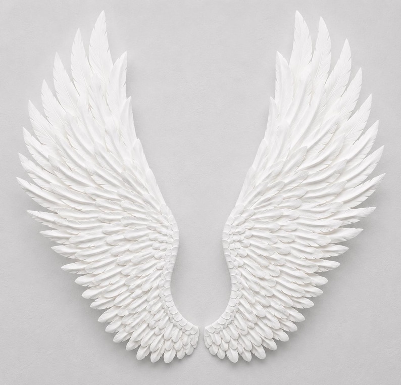 May include: A pair of white, textured angel wings, displayed against a light gray background. The wings are detailed with individual feather impressions, creating a sense of depth and realism. The wings are symmetrical and spread out.