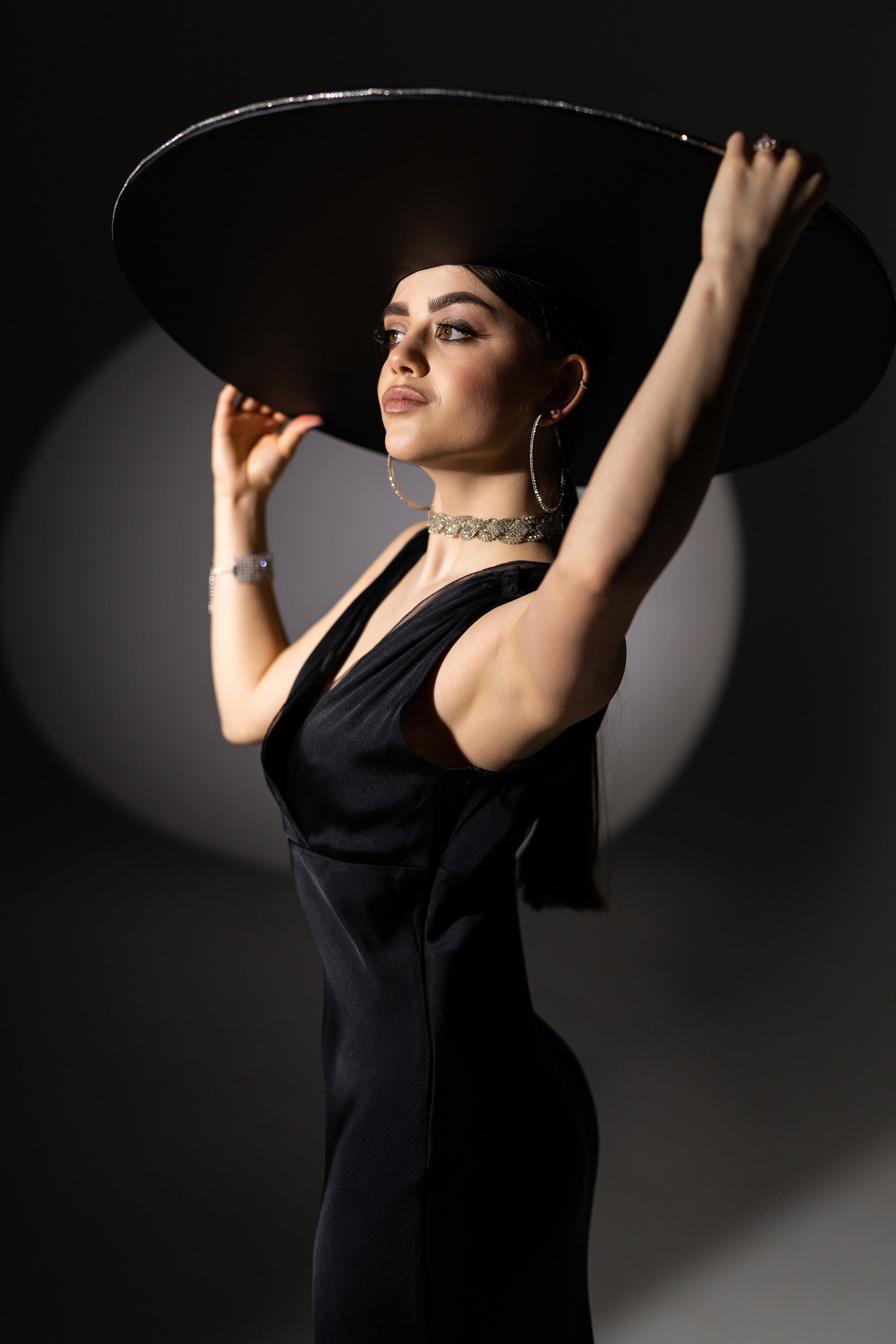 Black hat women, Black wide brim hat, Large Black hat dance, High fashion couture hat shiny, festival costume for performances
