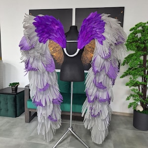 Handmade Large Feather Angel Wings - Gray & Purple Costume Wings for Festival, Cosplay, Drag Show, Photoshoot Wings