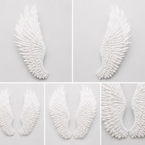May include: White, textured angel wings. The wings are displayed in multiple arrangements, including single wings and pairs. The feathers are detailed and layered, creating a sense of depth and texture. The wings are a decorative item.