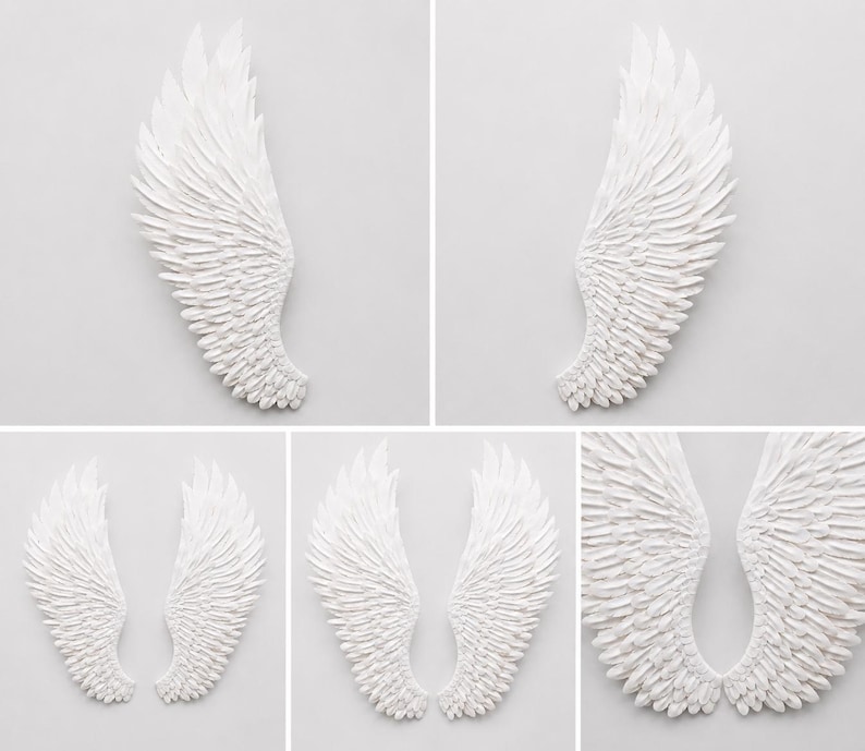 May include: White, textured angel wings. The wings are displayed in multiple arrangements, including single wings and pairs. The feathers are detailed and layered, creating a sense of depth and texture. The wings are a decorative item.