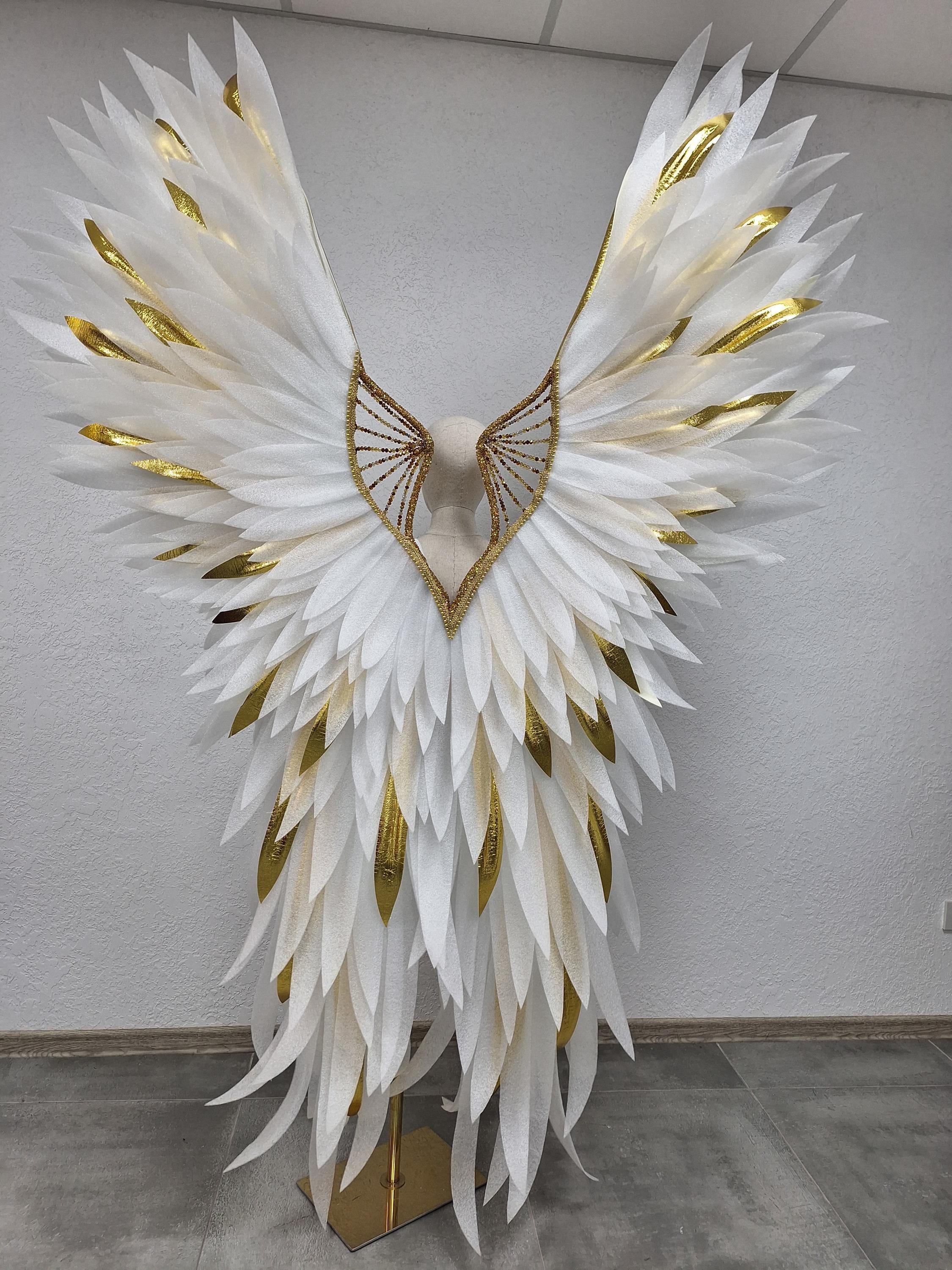 Large White Gold Angel Wings Handmade Cosplay Wings Luxury Angel Costume Photoshoot Wings Wedding Prop Fantasy Wings