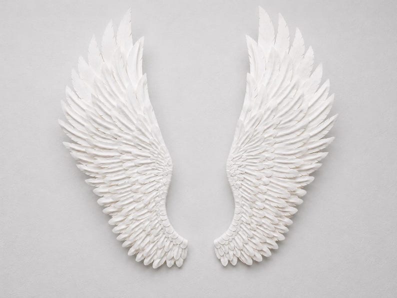 May include: A pair of white, textured angel wings, displayed against a light gray background. The wings are detailed with individual feather impressions, creating a sense of depth and realism. The wings are symmetrical and appear to be made of a solid material.