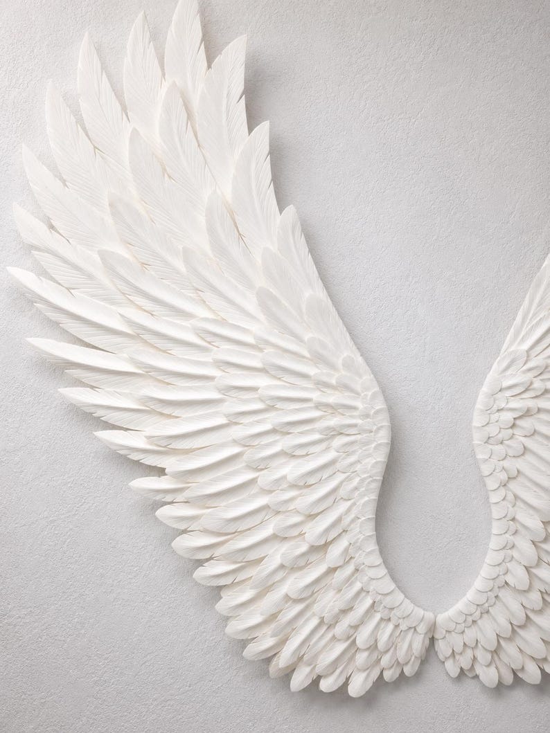 May include: A pair of white, textured angel wings, with detailed feathering. The wings are mounted on a light gray wall, creating a dimensional effect. The feathers have a slight curve, adding to the realistic appearance.