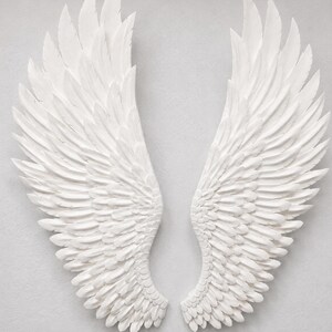 May include: A pair of white, sculpted angel wings, each with layered feather details. The wings are displayed against a neutral background, creating a striking contrast. The wings are a decorative item.