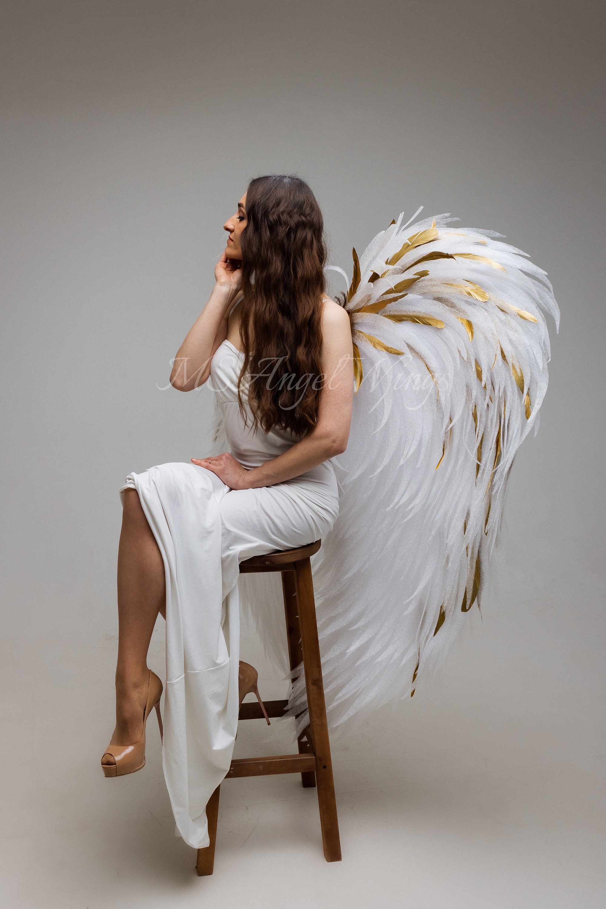 White Angel Wings With Natural Golden Feathers for Photo Shoot