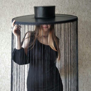 Big black with fringe hat | Wide brim hat fringe for photoshoot woman | Black hat with floor length fringe | Costume hats and headpieces