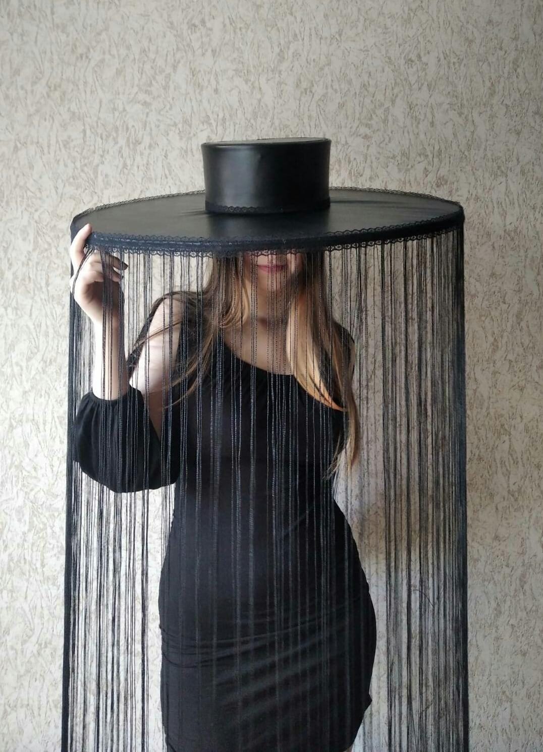Big black with fringe hat | Wide brim hat fringe for photoshoot woman | Black hat with floor length fringe | Costume hats and headpieces