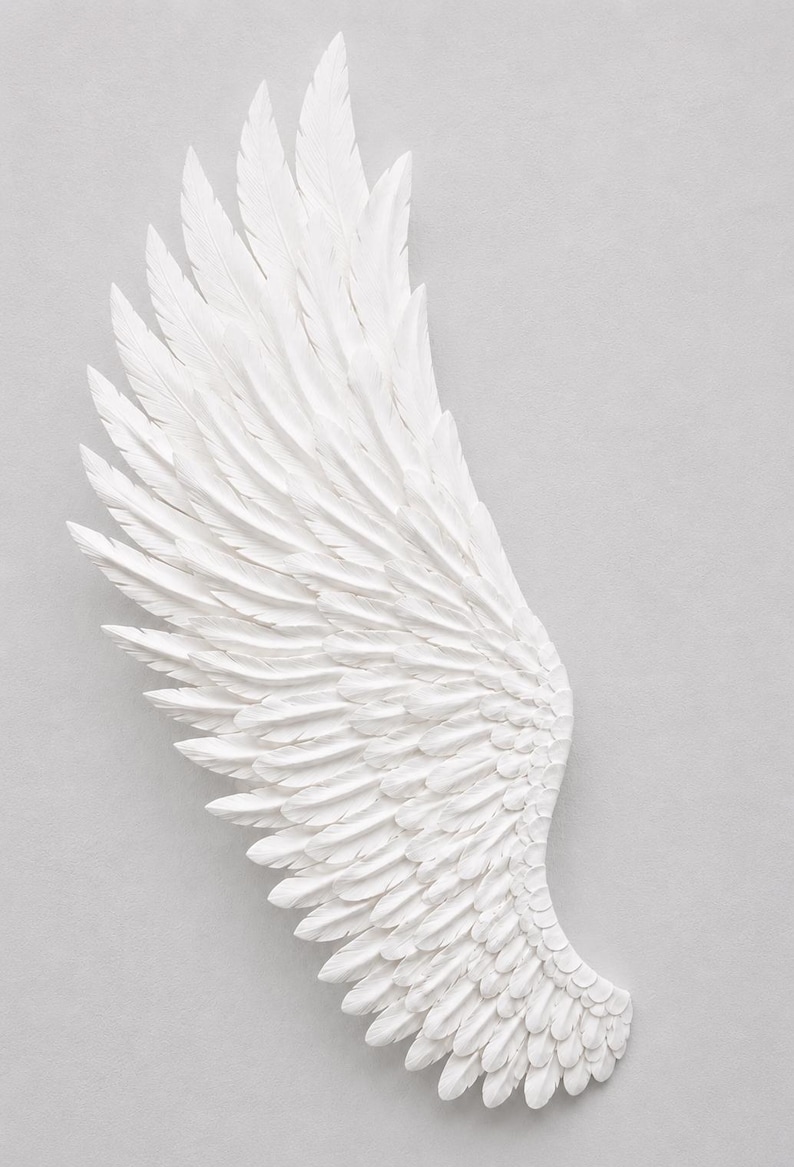 May include: A white, sculpted wing with detailed feather textures. The wing is positioned diagonally against a light gray background, creating a sense of depth and dimension. This decorative piece evokes themes of angels and freedom.