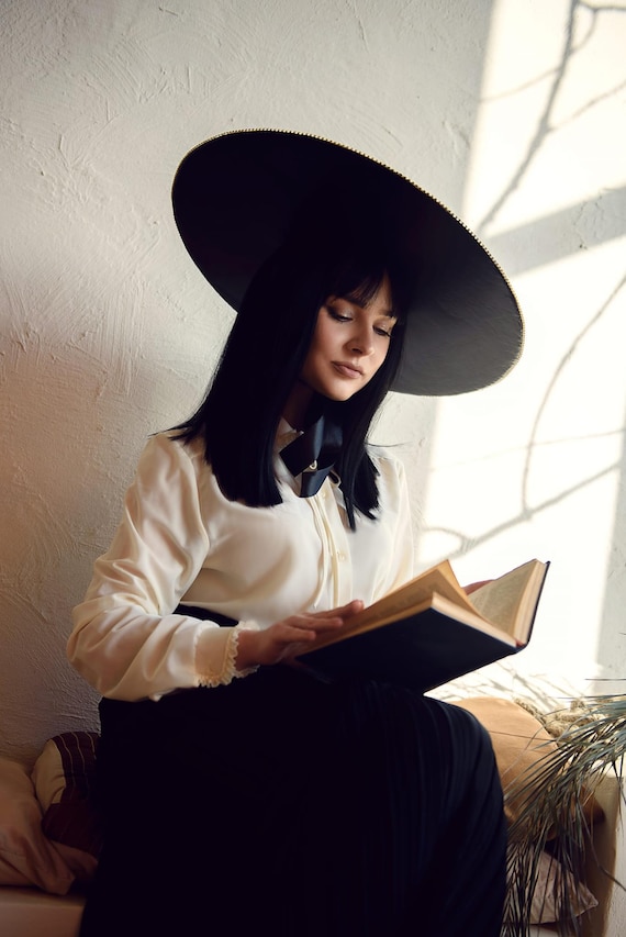 Black beauty wide brim hat Black Wool Fedora Hat, Wide Brim, Unisex - Etsy main image 2