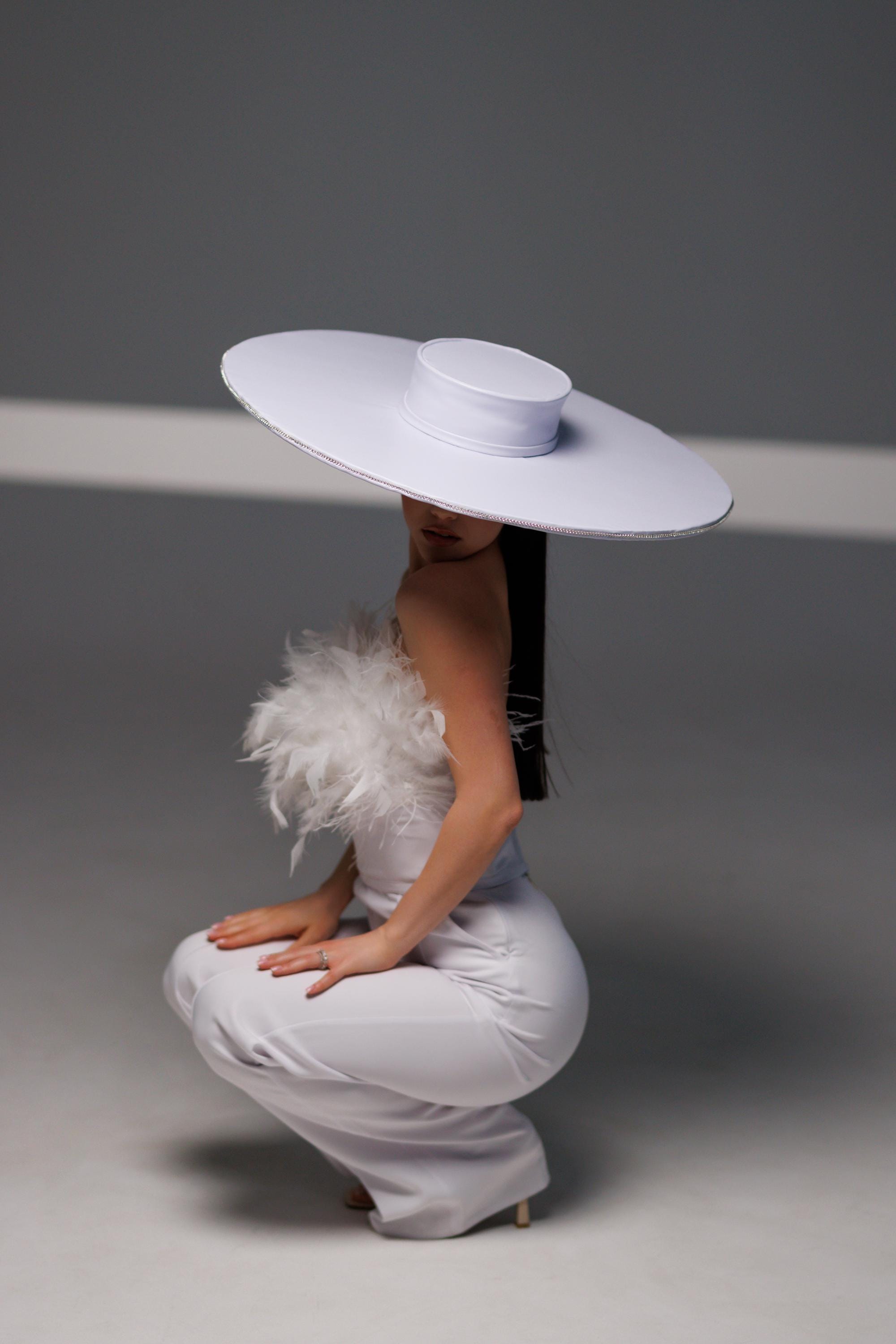 Maternity Shoot Hat White | Fashion hats for women | White wide brim hat | Costume hats and headpieces | White hat with floor length fringe
