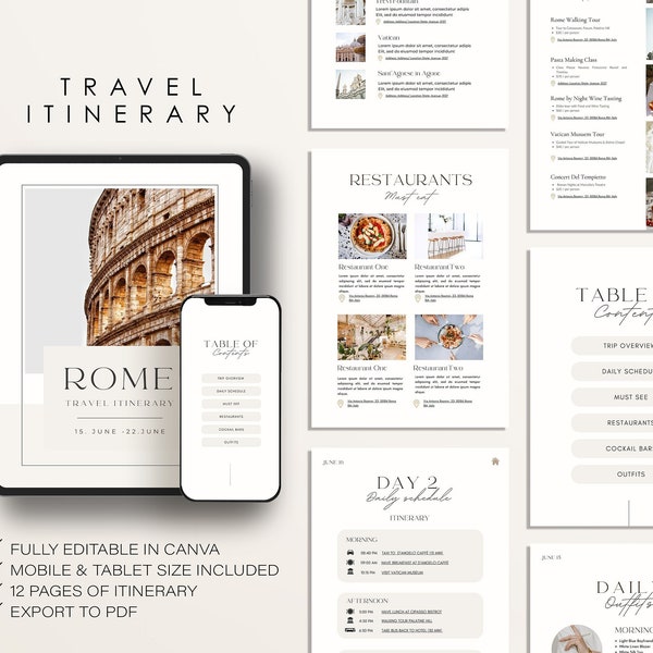 Travel Itinerary Template | Travel Planner | Printable Travel Guide | Digital Template Download  | Traveling Guide Editable in Canva