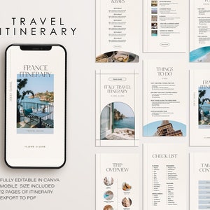 Modelo de itinerário de viagem | FRANÇA Planejador de viagens | Guia de viagem para impressão | Baixar modelo digital | Guia de viagem editável no Canva
