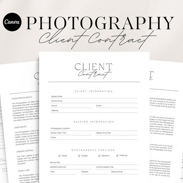 Photography Client Contract Template |  Photography Forms | Client Agreement  | Contract for Photographers | Canva Template