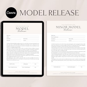 May include: Two model release forms on a tablet screen. The form on the left is for a general model release, and the form on the right is for a minor model release. Both forms have fields for the model's name, address, phone number, and location. The forms also have sections for the photographer's name, signature, and date.