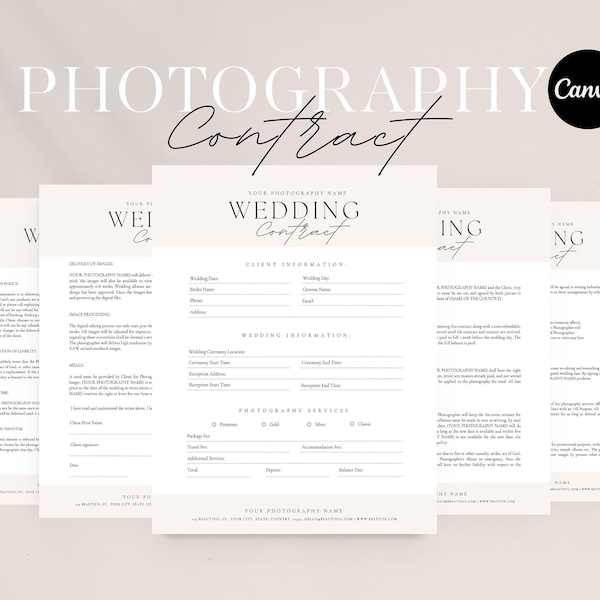 Hochzeitsfotografie Vertragsvorlage | Fotografie Formen | Auftrag für Fotografen | Vertragsvorlage | Canva Template