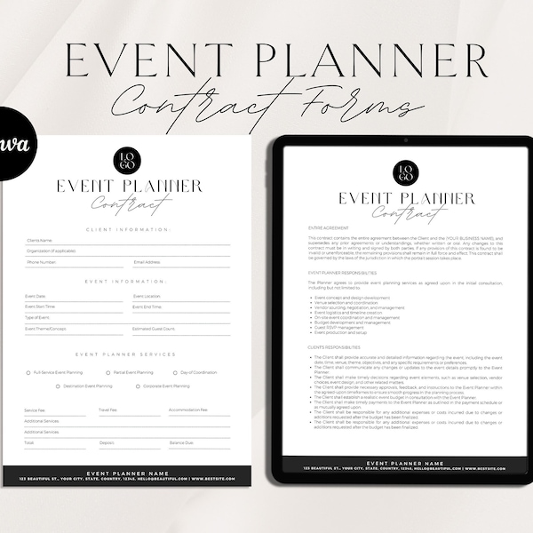 Event Planner Contract Template | Event Planner Client Forms | Wedding Planning Contract | Event Planner Agreement | Canva Template