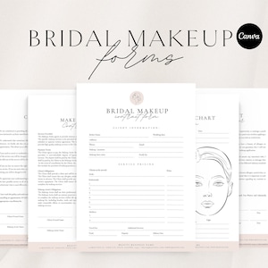 May include: A set of printable bridal makeup forms with a contract form, makeup chart, and client information sheet. The forms are designed in a minimalist style with black text on a white background.