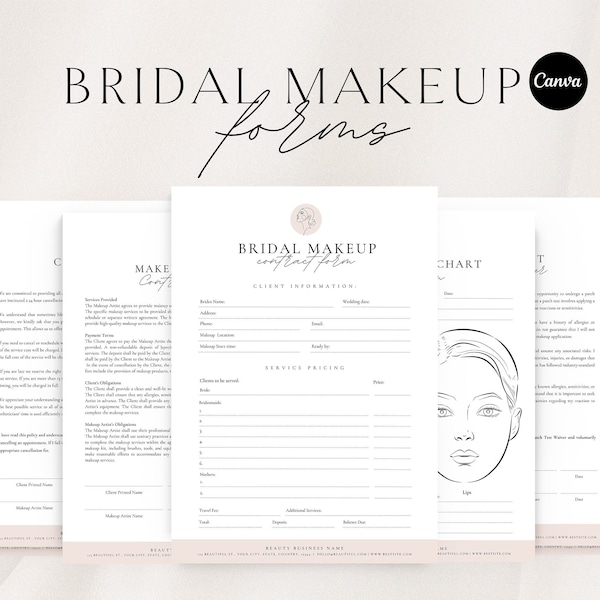 Editable Bridal Makeup Contract Template | Makeup Contract Agreement | MUA Contract | Face Chart | Makeup Service Form Bundle | CANVA