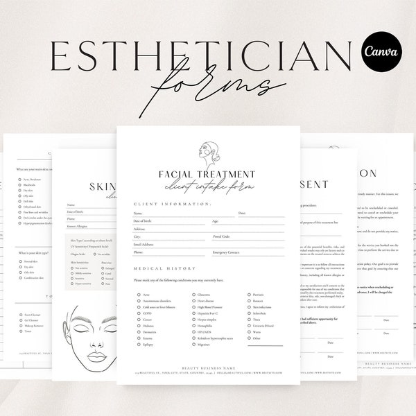 Facial Treatment Forms |  Editable Esthetician Templates | Printable Skincare Consent Forms | Facial Consultation Form | Beauty Salon Forms