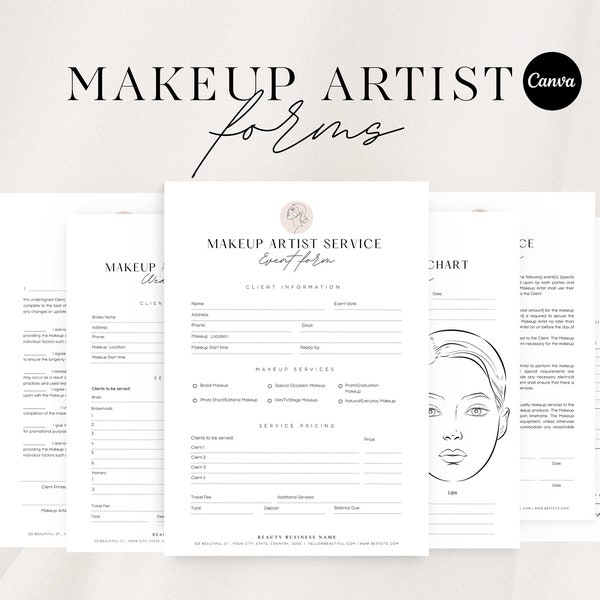 Modèle de contrat de maquilleur | Accord de contrat de maquillage | Contrat de maquillage de mariée | Contrat MUA | Ensemble de formulaires de service de maquillage | CANVA