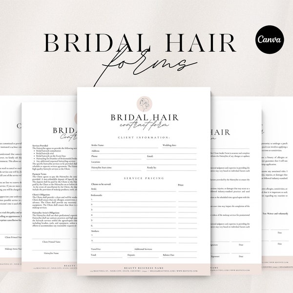 Editable Bridal Hair Contract Template | Bridal Hairstylist Contract Agreement | Hairstylist Contract | Hairstylist Form Bundle | CANVA