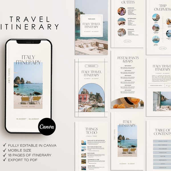 Szablon planu podróży | Mobilny Planer Podróży | Edytowalny przewodnik turystyczny po Włoszech | Przewodnik podróżniczy do edycji w serwisie Canva