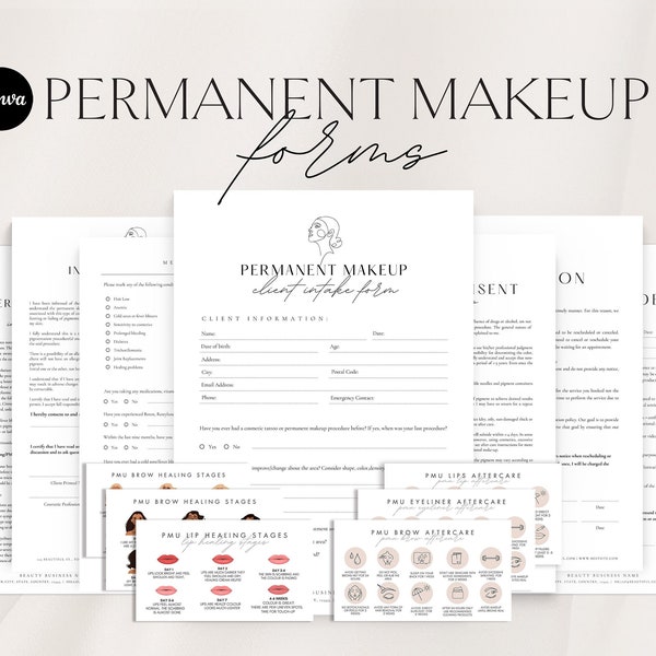 Permanent Make-up Formen | Bearbeitbare PMU-Einwilligungsformularvorlage | Druckbare Kundenaufnahmeformulare | PMU Pflegekarten | Schönheitssalon Formen