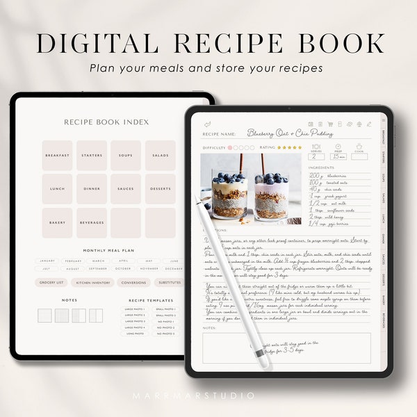 Recipe Book Template, Digital Meal Planner, Digital Recipe Book Cookbook, GoodNotes iPad Planner, Grocery List, Recipe Card, GoodNotes, iPad