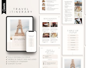 Travel Itinerary Template | Travel Planner | Printable Paris Travel Guide | Digital Template Download  | Traveling Guide Editable in Canva