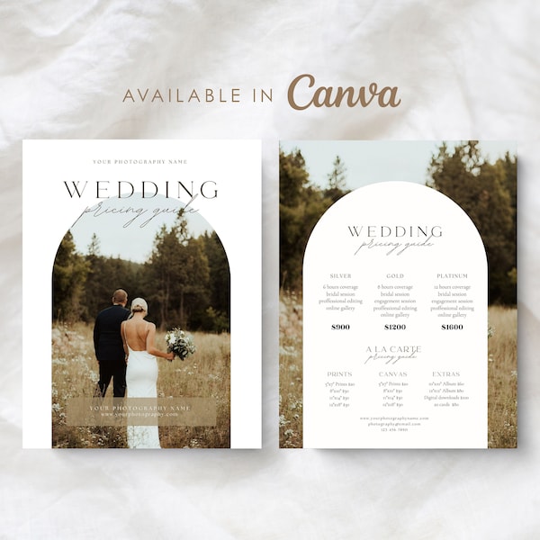 Guía de precios de fotografía de bodas: Plantilla de Canva (descarga digital)