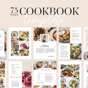 Puede incluir: Una plantilla de libro de cocina con 75 páginas. El diseño presenta un diseño limpio con páginas de muestra de recetas, fotografía de alimentos y el texto "COOKBOOK template". Las páginas incluyen el texto "hello there I'M SAMANTHA" y "MEEET THE CHEF".