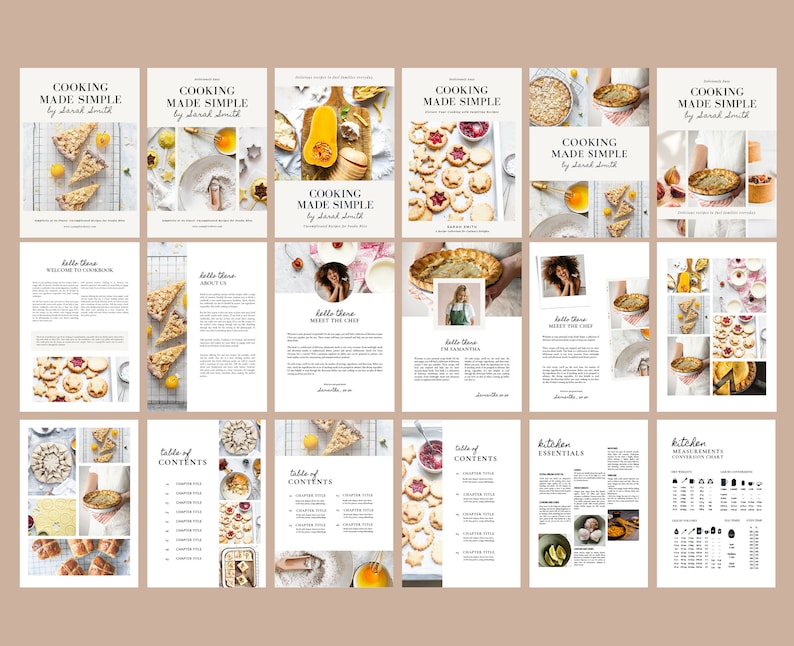 May include: A cookbook titled "Cooking Made Simple" by Darad Smith. The cover features a collage of food photos, including a pie, a cake, and a bowl of fruit. The book is open to the table of contents, which lists chapters on various cooking topics.