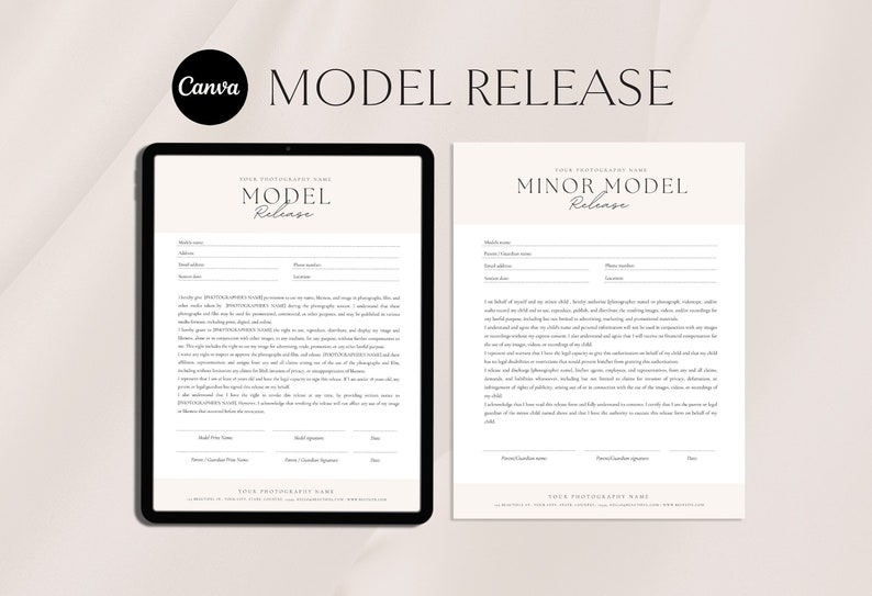 May include: Two model release forms on a tablet screen. The form on the left is for a general model release, and the form on the right is for a minor model release. Both forms have fields for the model's name, address, phone number, and location. The forms also have sections for the photographer's name, signature, and date.