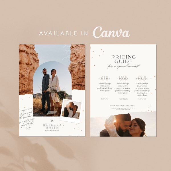 Guía de precios de fotografía de bodas: Plantilla de Canva (descarga digital)